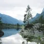 Bergsee mit Bäumen und Felsen, umgeben von bewaldeten Bergen.