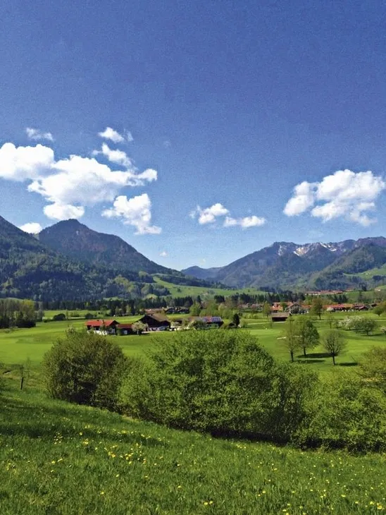 Landschaft bei Inzell mit Bergen und Wiesen unter blauem Himmel.