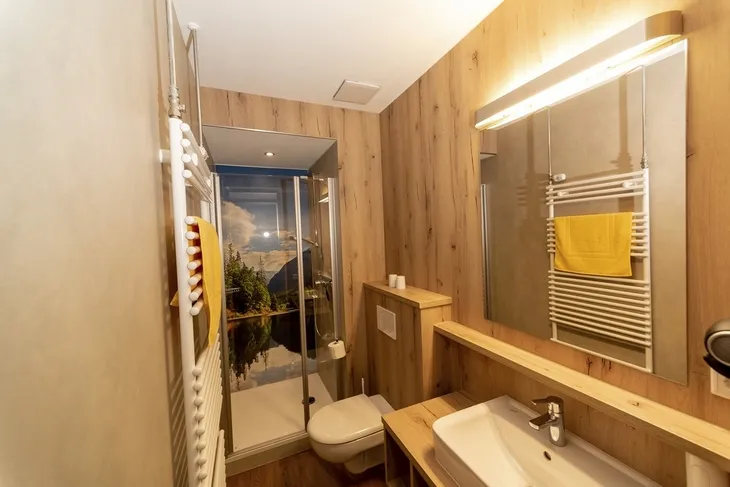 Modernes Badezimmer in einem Ferienhaus mit Dusche und Holzverkleidung.