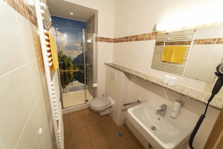 Modernes Badezimmer mit Dusche, Waschbecken und WC in einem Ferienhaus.