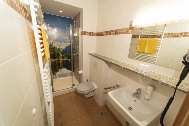 Modernes Badezimmer mit Dusche, Waschbecken und WC in einem Ferienhaus.