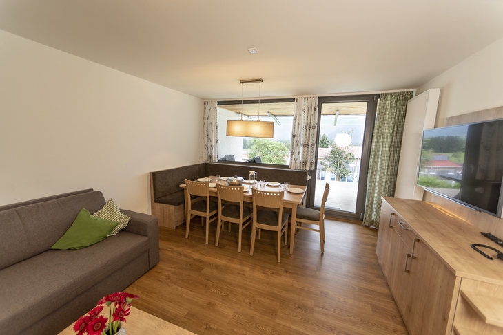 Wohnbereich mit Tisch, Stühlen, Sofa, TV im Ferienhaus, Fenster mit Vorhängen.
