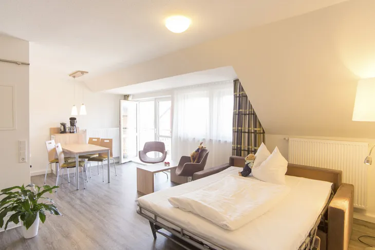 Wohnzimmer mit Esstisch, ausklappbarem Bett und viel Tageslicht