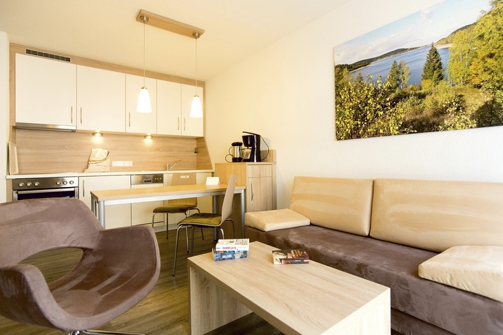 Wohnbereich mit Küche, Sofa, Tisch und Wandbild in heller Ferienwohnung.
