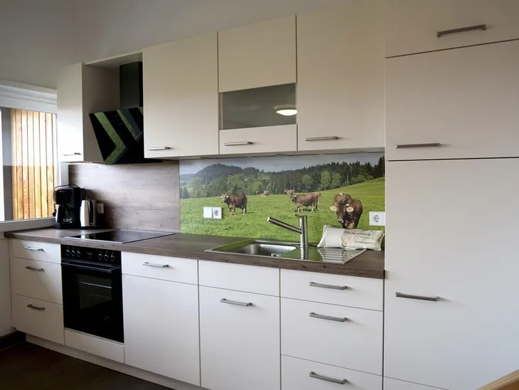 Moderne Einbauküche mit Landschaftsfototapete im Hintergrund.