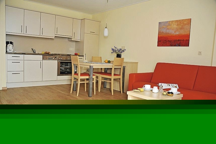 Wohnzimmer mit Küchenzeile, Esstisch und rotem Sofa in einer Ferienwohnung.