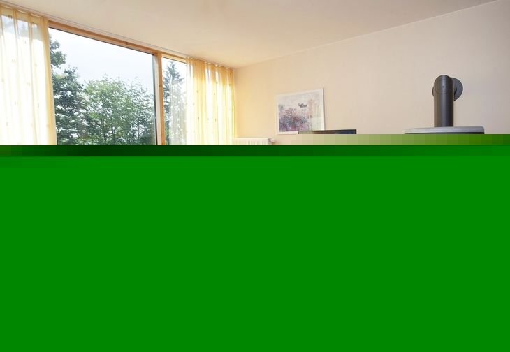 Wohnzimmer mit roten Sofas, einem Kamin und Blick auf Bäume durch große Fenster.