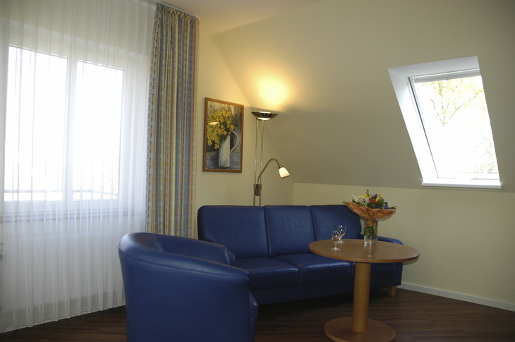 Wohnzimmer mit blauer Couch, Tisch und Fenster im Hintergrund.