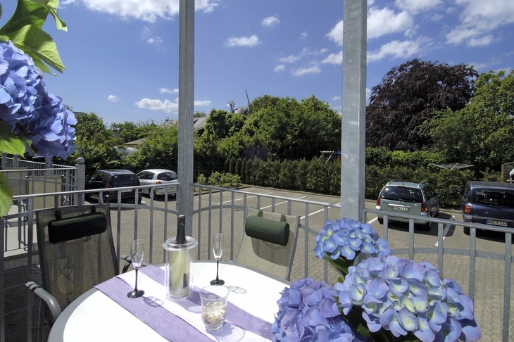 Balkontisch mit blauen Hortensien und Weingläsern, Aussicht auf Parkplatz und Bäume.