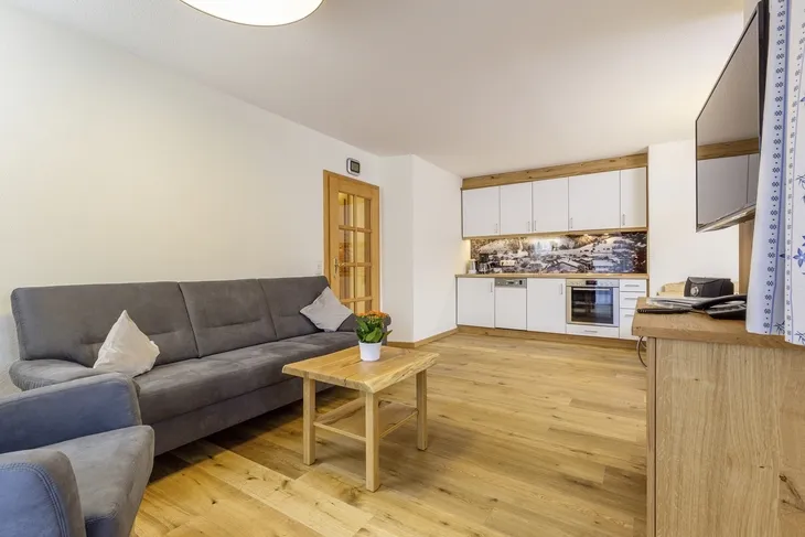Wohnzimmer mit grauem Sofa, Holzmöbeln und integrierter Küchenzeile.