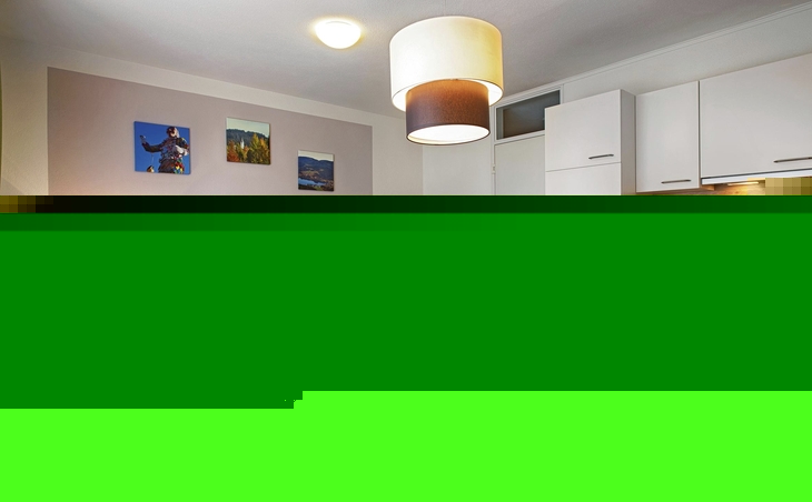 Moderne Ferienwohnung mit Essbereich, Wohnbereich und Küche in Holzoptik.