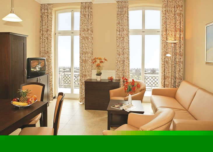 Helles Wohnzimmer mit Ledersofa, Esstisch und Blick durch große Fenster.