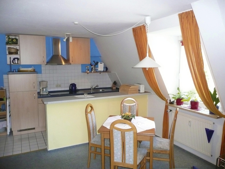 Kleine Küchenzeile mit Esstisch in einem Appartement, helle Einrichtung und Pflanzen.