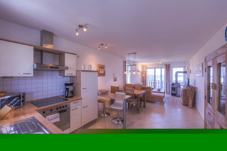 Moderne Ferienwohnung mit offener Küche und Wohnbereich, Blick auf Fenster und Balkon.