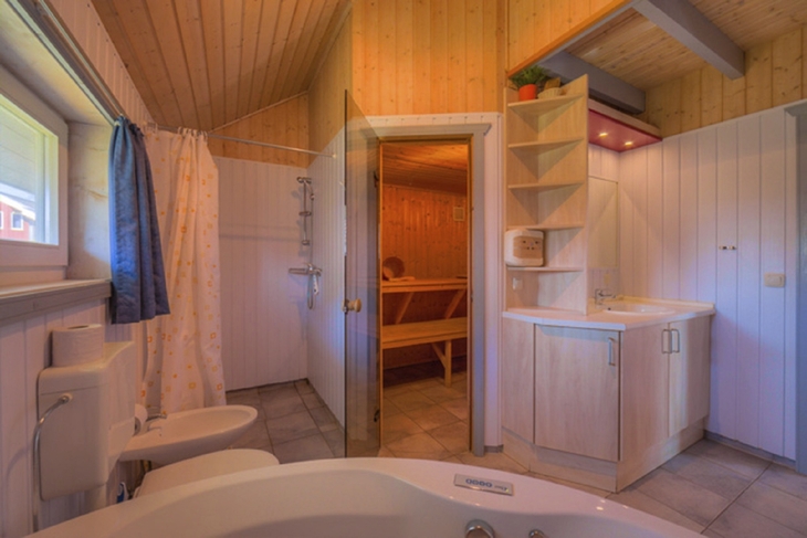 Bad mit Whirlpool, Dusche und Zugang zur Holzsauna, Ferienpark Müritz.