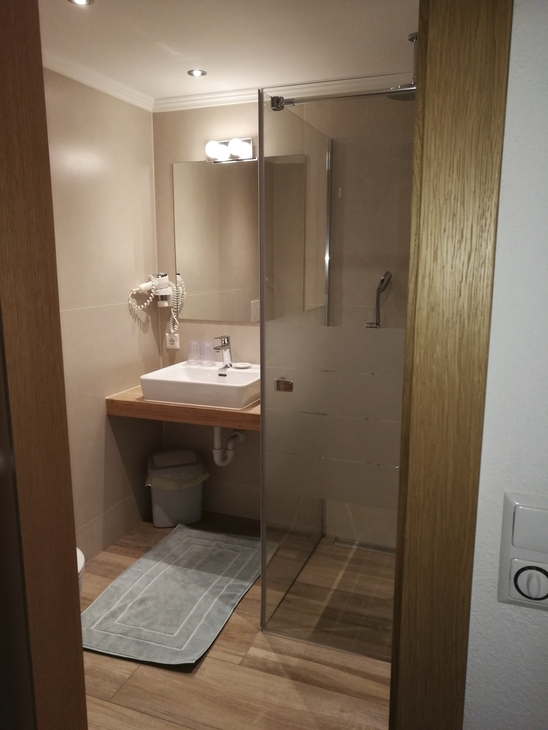Modernes Badezimmer mit Dusche, Waschbecken und Spiegel.