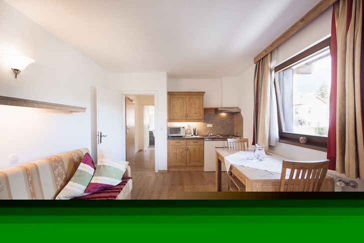 Wohnbereich eines Apartments mit Sofa, Esstisch und Küchenzeile, helle Holzmöbel.