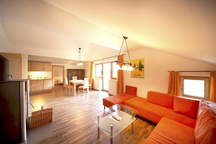 Wohnbereich mit orangefarbenem Sofa, Esstisch und Küche in einer Ferienwohnung.