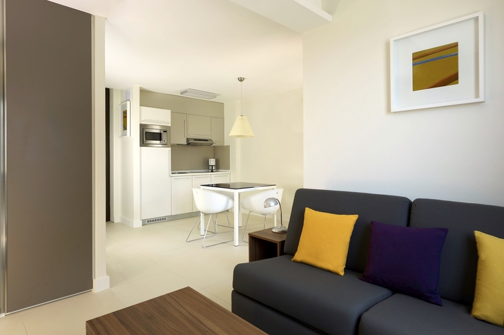Modernes Studio-Apartment mit Küche und Wohnbereich, dunkles Sofa und bunte Kissen.