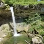 Wasserfall bei Scheidegg mit üppigem Grün, ein heller Wasserstrahl fällt in einen kleinen Teich.
