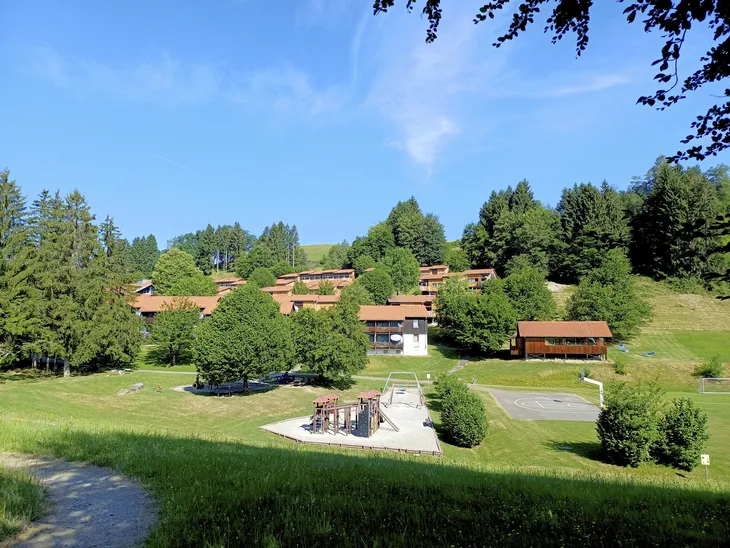 Ferienhäuser auf einem Hügel, umgeben von Bäumen und einer Wiese.