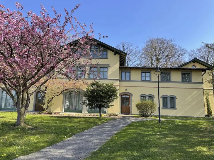 Gelbes Backsteingebäude mit blühendem Baum im Vordergrund.