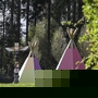 Zwei bunte Tipis und ein Totempfahl auf einer Wiese im Wald der Ferienanlage Prüm.