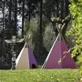 Zwei bunte Tipis und ein Totempfahl auf einer Wiese im Wald der Ferienanlage Prüm.