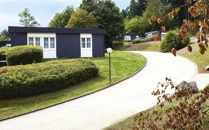 Kleine Bungalows der Ferienanlage Prüm an einem gewundenen Weg in einer grünen, bewaldeten Umgebung.