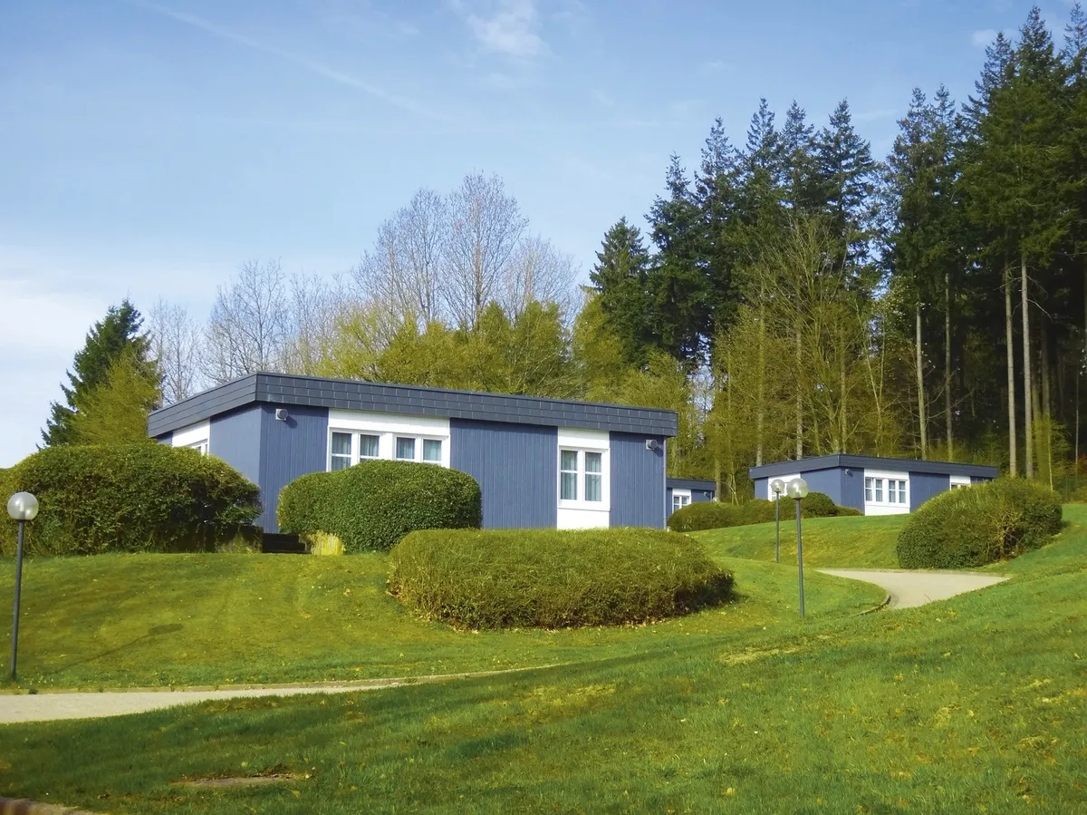 Mehrere blaue Bungalows der Ferienanlage Prüm auf einer grünen Wiese mit Wald im Hintergrund.