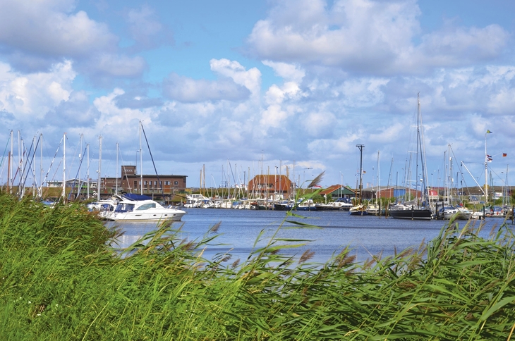 Hafen von Harlesiel mit Segelbooten und bewölktem Himmel im Hintergrund.
