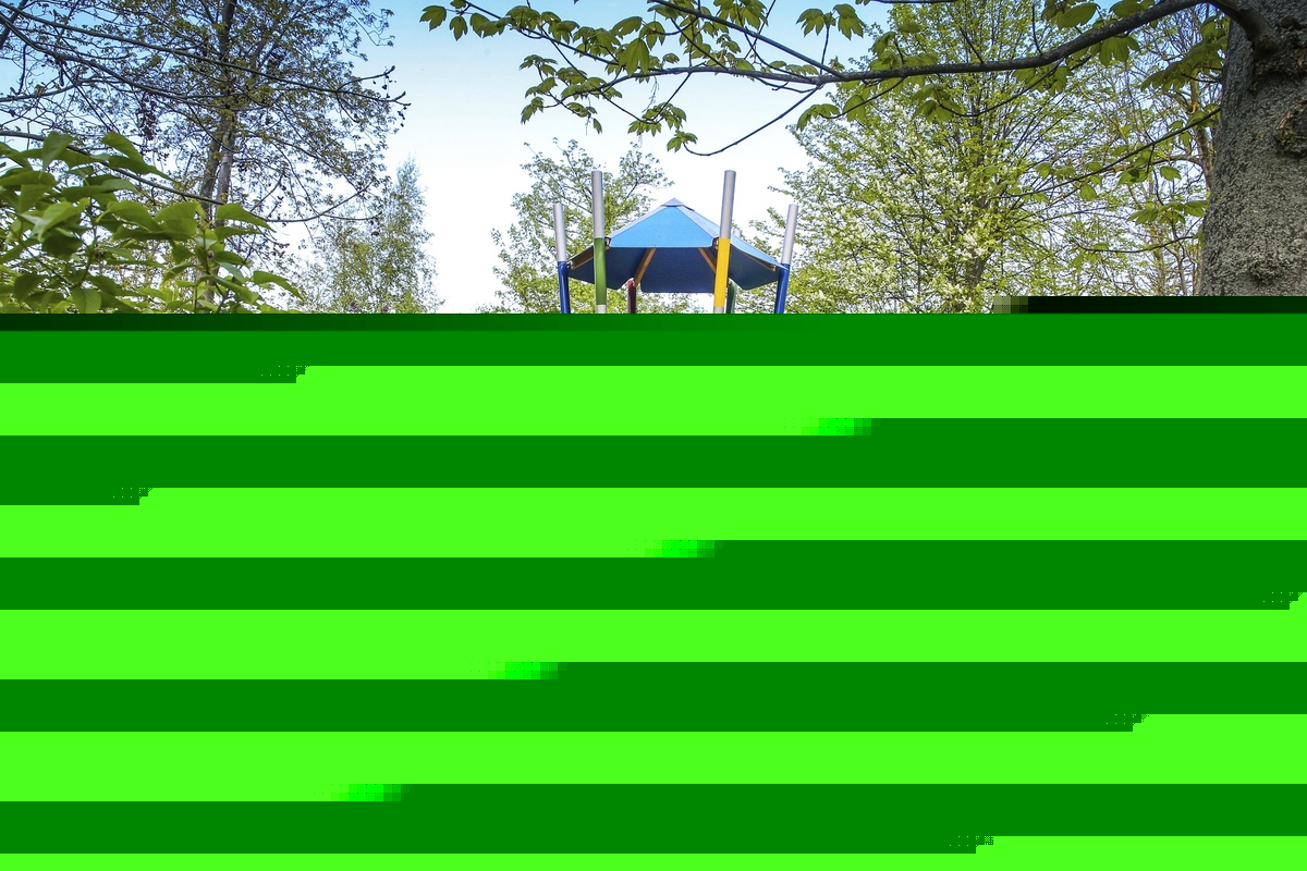 Spielplatz mit Kletterturm und Rutsche im Grünen.