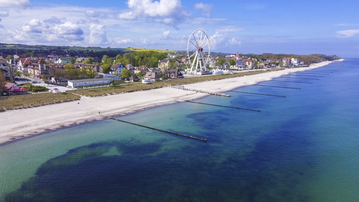 Luftaufnahme eines Strands mit Promenade und Riesenrad im Hintergrund.