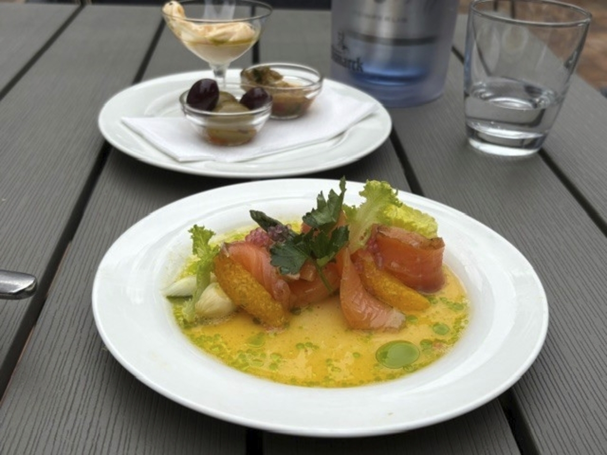Vorspeise mit Lachs und Zitrusfrüchten auf einem Teller im Freien serviert.