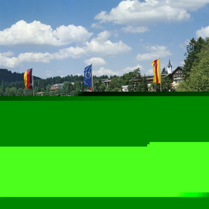 Boote an einem Steg am Titisee, umgeben von Bäumen und einer Ferienanlage im Hintergrund.