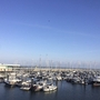 Boote im Jachthafen mit blauem Himmel und modernem Gebäude im Hintergrund.
