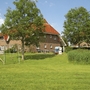 Backsteinhäuser mit roten Dächern und umgebendem Garten im Sommer.