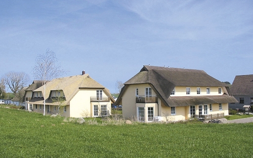 Reetgedeckte Häuser in einer grünen Landschaft unter blauem Himmel.