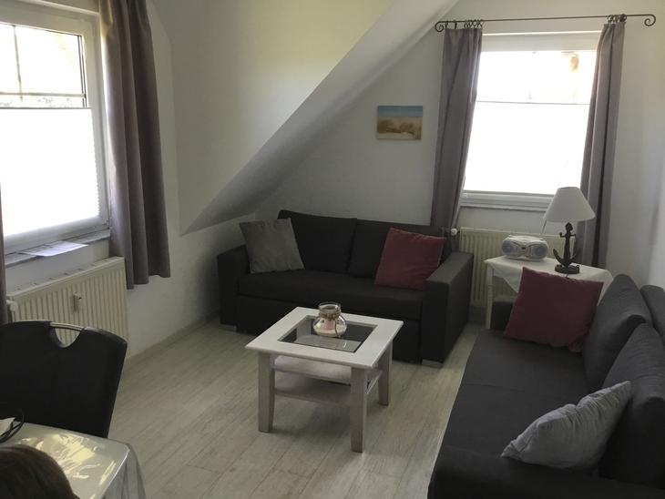 Wohnzimmer mit zwei Sofas, Couchtisch und Fenstern im Reethaus Boddenblick.