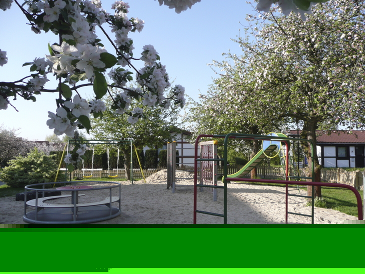 Spielplatz mit Klettergerüst und Wippe unter blühenden Bäumen.