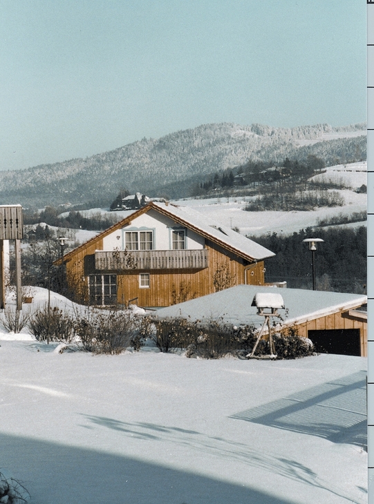 Winterlandschaft mit verschneiten Holzhäusern und Bergen im Hintergrund.