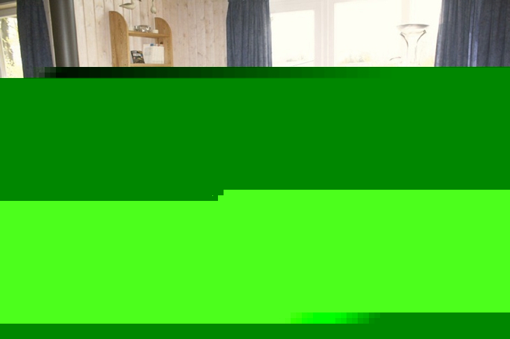 Wohnzimmer mit Holzmöbeln, Kamin, Sofa, Kissen und großen Fenstern.