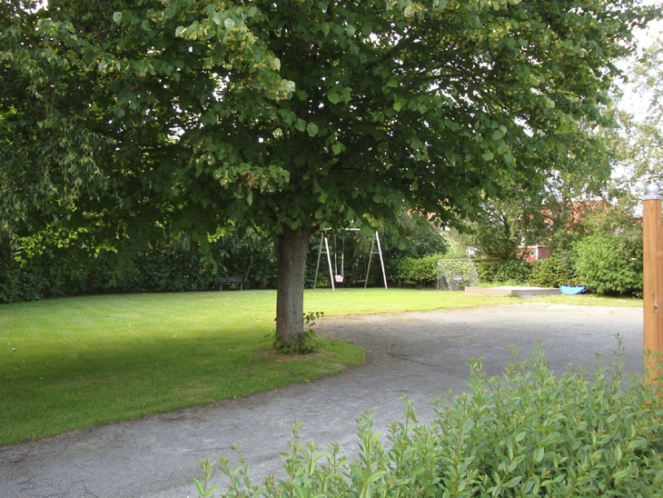 Garten mit Baum, Rasenfläche und Schaukel im Hintergrund.