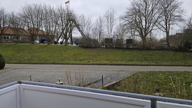 Blick auf Straße, Wiese und Bäume an einem bewölkten Tag in Horumersiel.