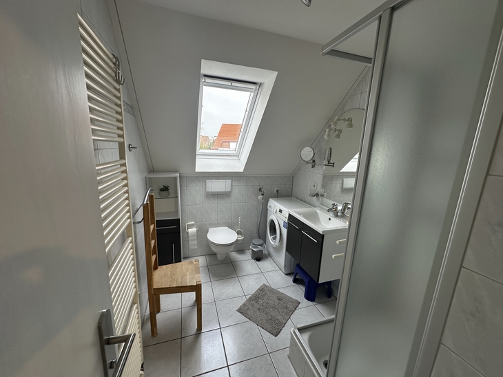 Badezimmer mit Dachfenster, Waschmaschine, Waschbecken und Dusche.