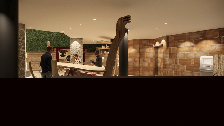Moderne Hotellobby mit Bar und Holzdesign, Personen im Gespräch.