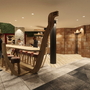 Moderne Hotellobby mit Bar und Holzdesign, Personen im Gespräch.