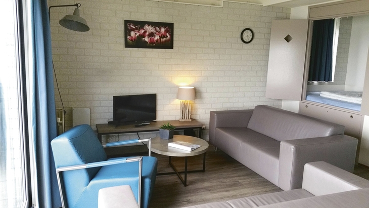 Wohnzimmer mit Sofa, Sessel, TV und Lampe auf Holzfußboden.