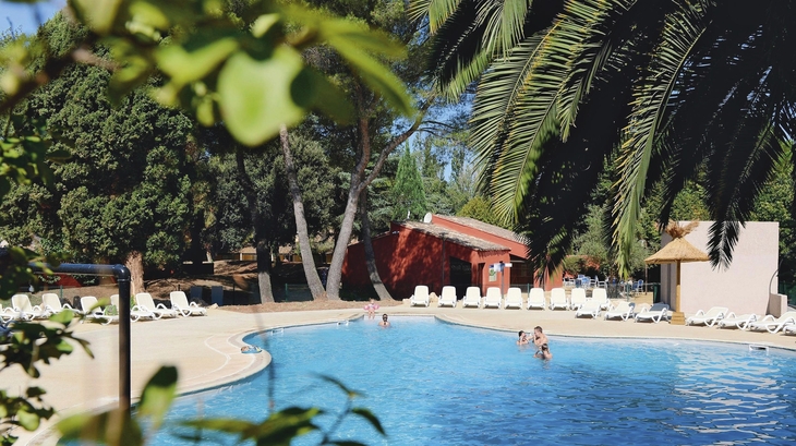 Poolbereich einer Ferienresidenz mit Palmen und Liegestühlen.