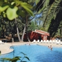 Poolbereich einer Ferienresidenz mit Palmen und Liegestühlen.
